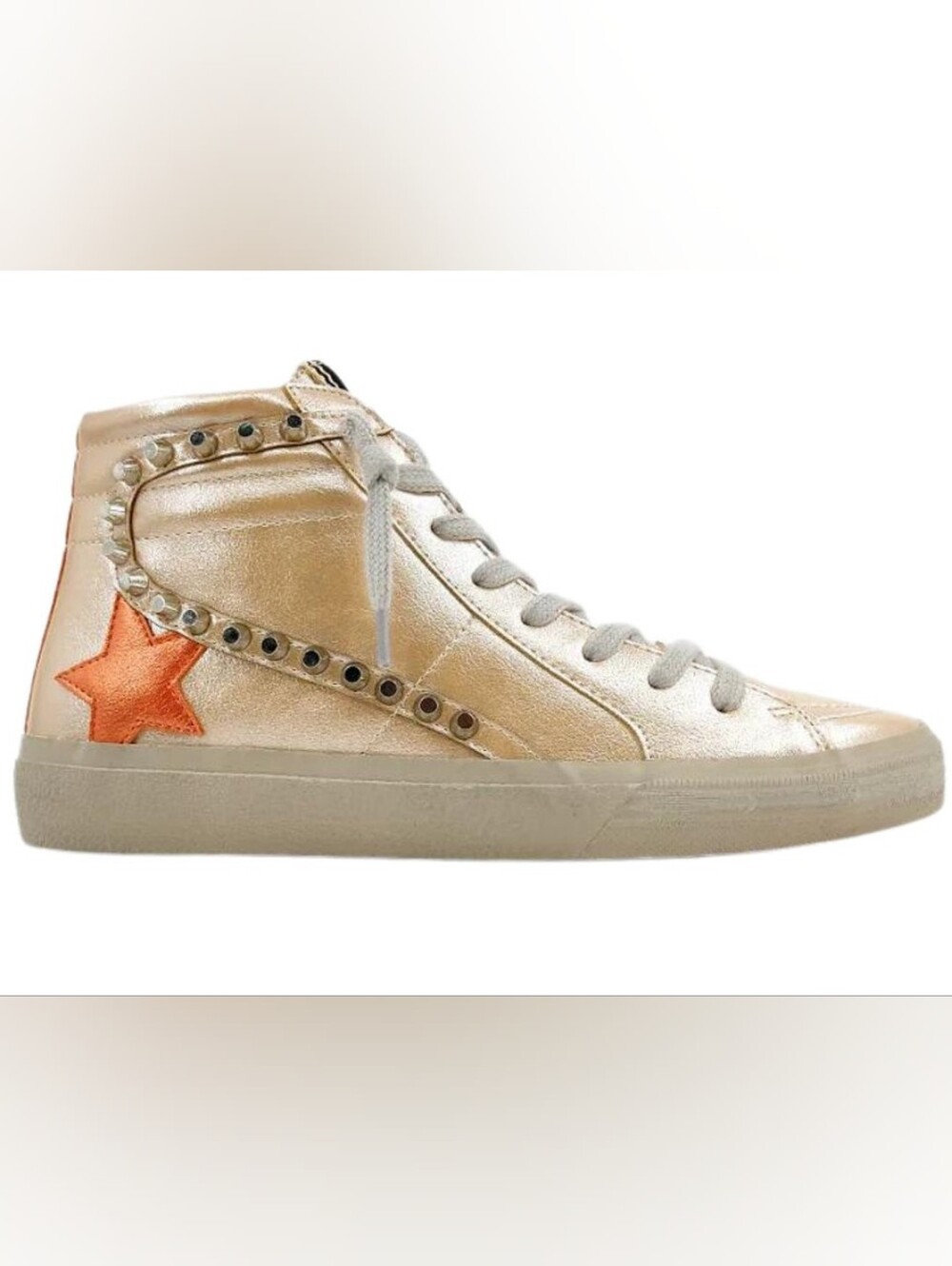 NWOT SHUSHOP RIRI Champagne Metallic High-top Sneakers. Coral Stars, Metal Stud.